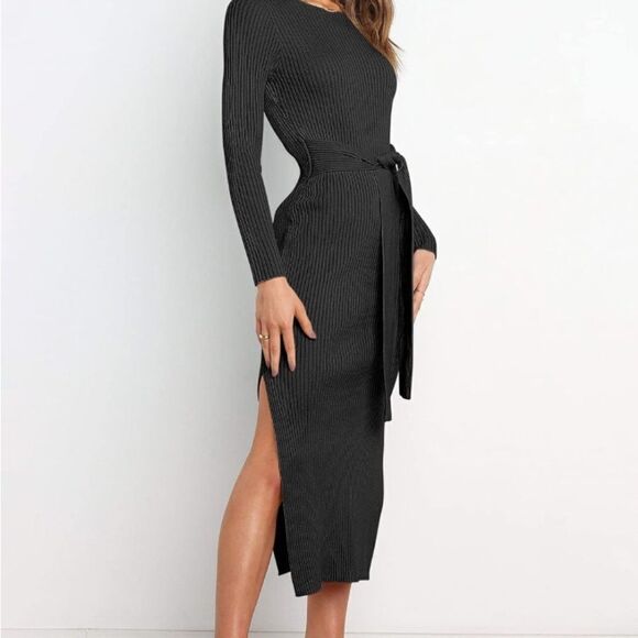 Sweater Dress Ribbed Knit Crewneck Belted Side Slits Long Sleeve Black Size M - Picture 3 of 11